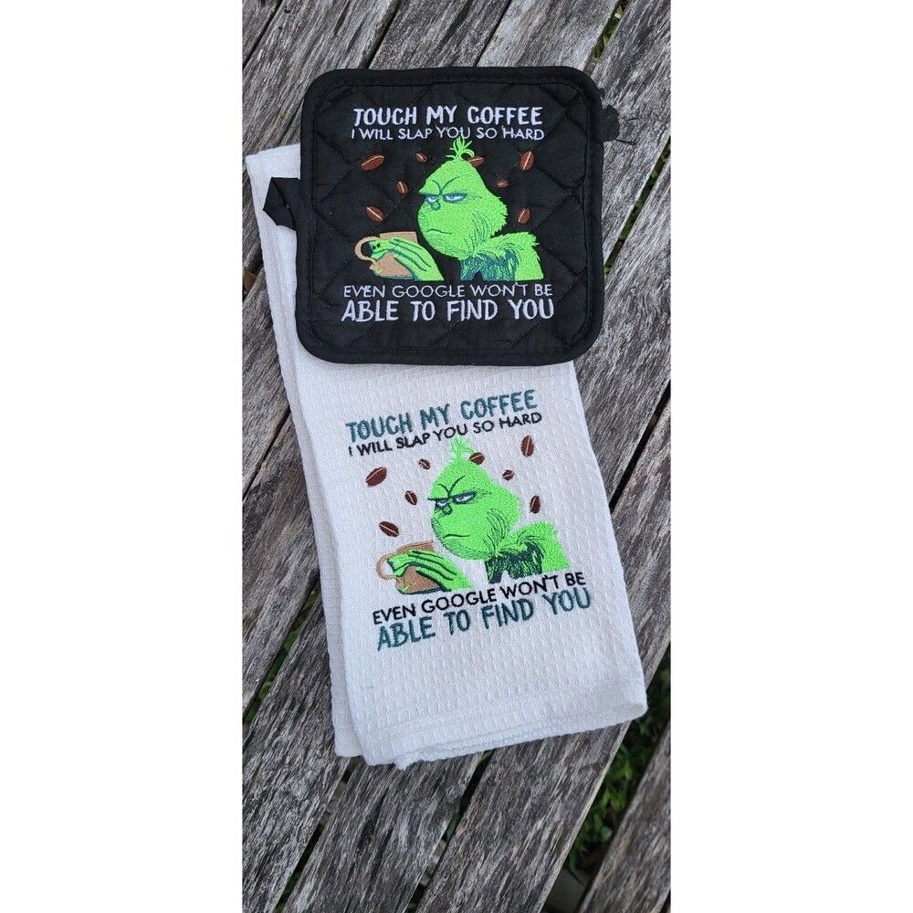 Coffee Grinch Embroidered Kitchen towel pot holder set funny